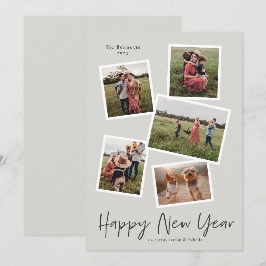 Eenvoudig script nieuwjaar 5 Foto Collage Feestdagenkaart (Voorkant / Achterkant)