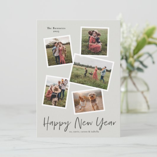 Eenvoudig script nieuwjaar 5 Foto Collage Feestdagenkaart (Staand voorkant)