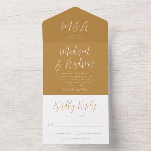 Eenvoudig script Ochre Wedding All In One Uitnodiging (Binnen)