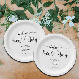 Eenvoudig script 'ons liefdesverhaal' bruiloft papieren bordje