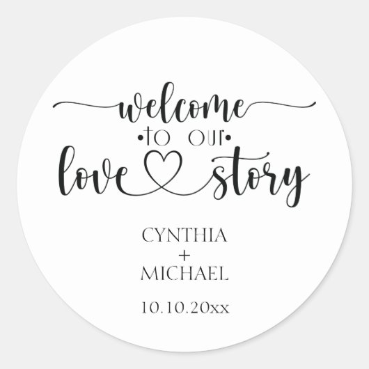 Eenvoudig script 'ons liefdesverhaal' bruiloft ronde sticker (Voorkant)