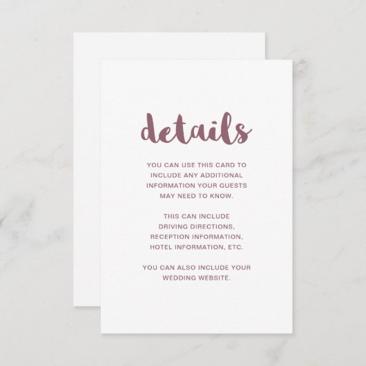 Eenvoudig Script Pink Wedding Guest Details Informatiekaartje (Voorkant / Achterkant)