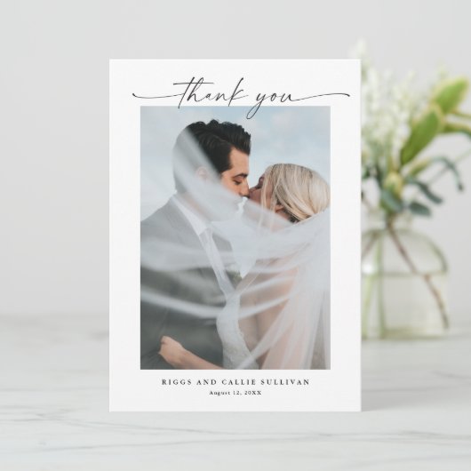 Eenvoudig Script Portret Fotobruiloft Bedankkaart (Staand voorkant)