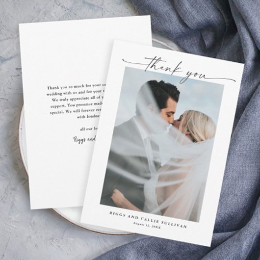 Eenvoudig Script Portret Fotobruiloft Bedankkaart
