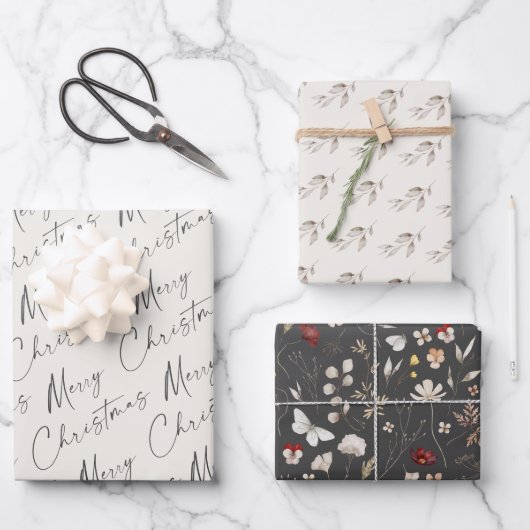Eenvoudig Script Prettig Kerstfeest Boho Wildbloem Inpakpapier Vel (Voorkant)