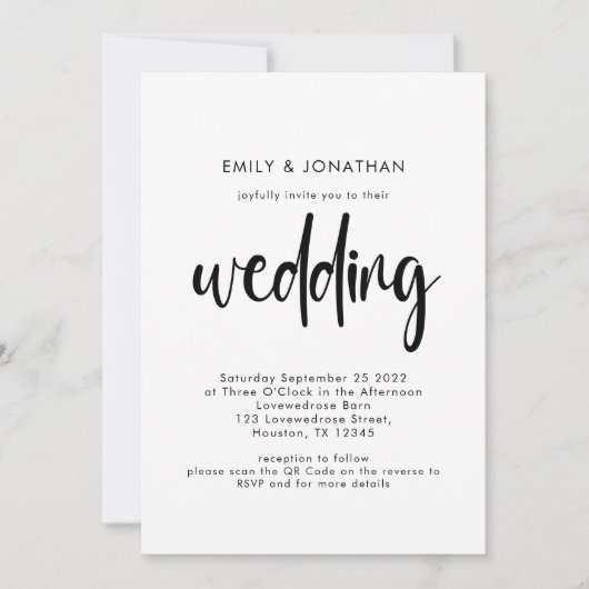 Eenvoudig Script QR Code Black White Wedding Kaart (Voorkant)