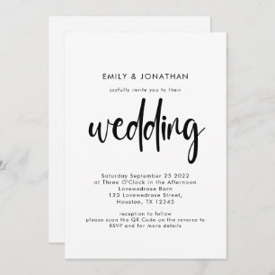 Eenvoudig Script QR Code Black White Wedding Kaart