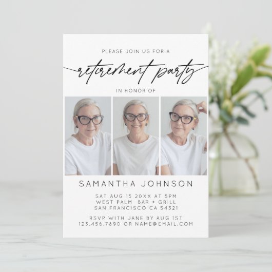 Eenvoudig Script Retirement Party 3 Fotocollage Kaart (Staand voorkant)