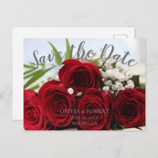 Eenvoudig script - rode rozen Save the Date Briefkaart (Voorkant / Achterkant)