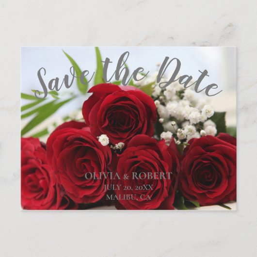 Eenvoudig script - rode rozen Save the Date Briefkaart (Voorkant)