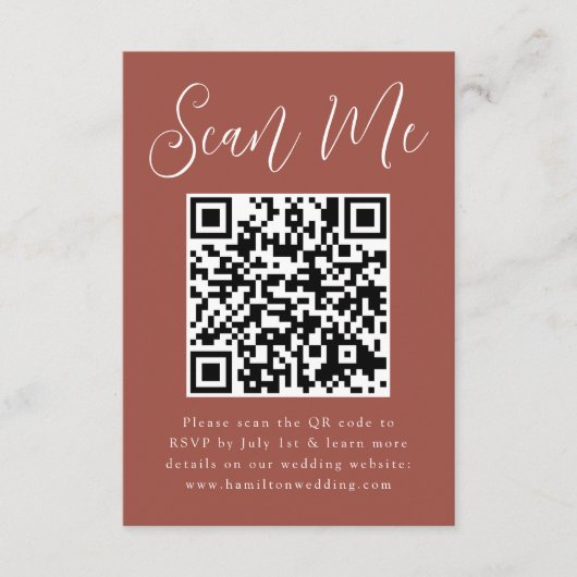 Eenvoudig Script Roest QR Code Huwelijksreactie Informatiekaartje (Voorkant)