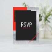 Eenvoudig script Rood, zwart, grijs  witte strepen RSVP Kaartje (Staand voorkant)