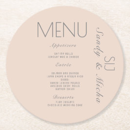 Eenvoudig script roze grijs trouwdiner menu  ronde kartonnen onderzetter
