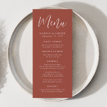 Eenvoudig Script Rust Wedding Menu<br><div class="desc">Eenvoudig trouwmenu met "Menu" dat in een wit script met een roestachtergrond wordt weergegeven. Pas het menu van de roest bruiloft aan door uw namen,  trouwdatum,  en menuinformatie toe te voegen. Ontworpen om met ons Eenvoudige collectie van de bruiloft van het Manuscript te coördineren.</div>