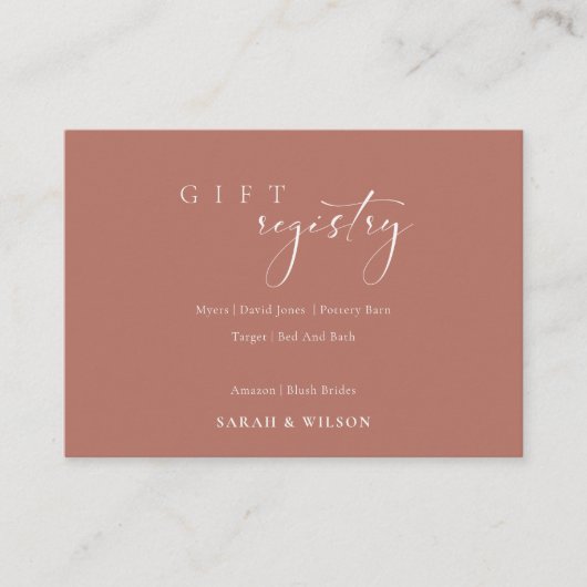 Eenvoudig script terracotta Wedding Gift Registry Informatiekaartje (Voorkant)