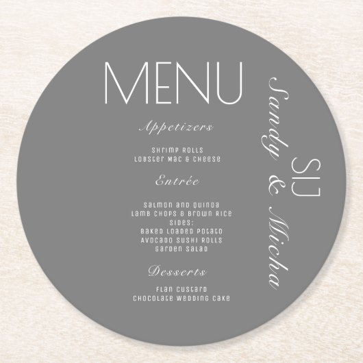 Eenvoudig Script Trouwdiner Menu Grijs Ronde Kartonnen Onderzetter (Voorkant)