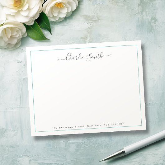 Eenvoudig script turquoise rand gepersonaliseerd notitiekaartje