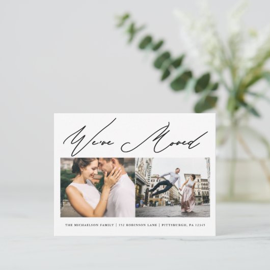 Eenvoudig script Twee foto Moderne adreswijziging Uitnodiging Briefkaart (Staand voorkant)