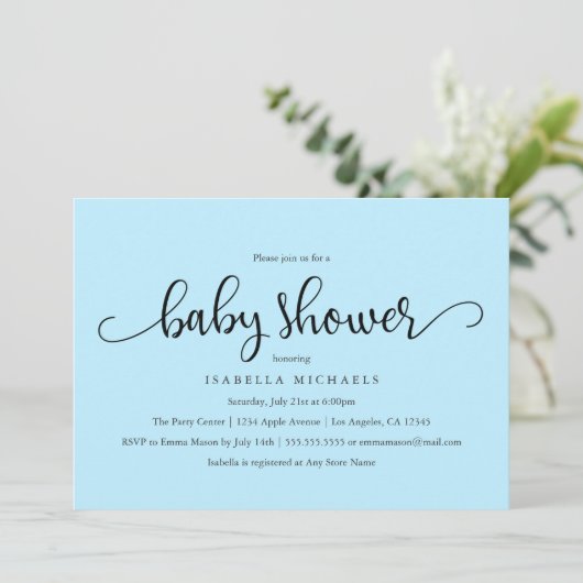 Eenvoudig script | Uitnodiging tot Baby shower (Staand voorkant)