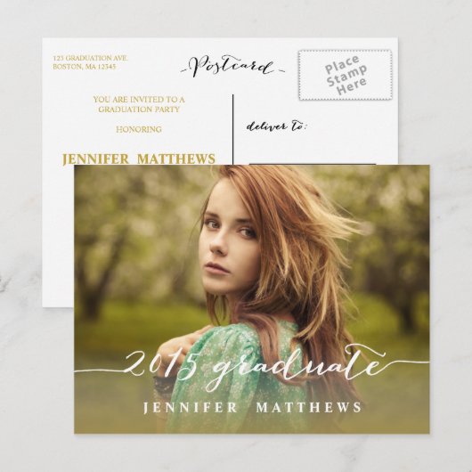 Eenvoudig script | Uitnodiging voor fotoafstudeerf Briefkaart (Voorkant / Achterkant)