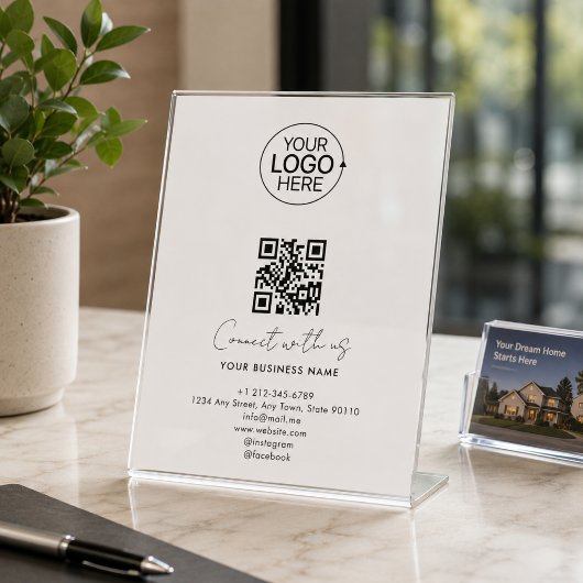 Eenvoudig Script Verbinding Met Ons Logo QR Code P Reclamebord Met Voetstuk