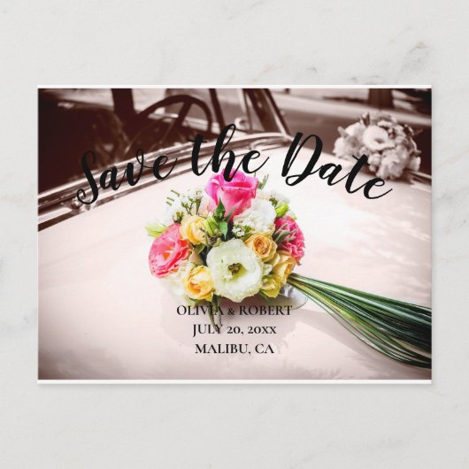 Eenvoudig script - vintage car Save the Date Briefkaart (Voorkant)