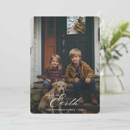 Eenvoudig script Vrede op Aarde Kerstfoto Feestdagenkaart (Staand voorkant)