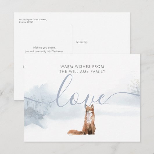 Eenvoudig script Winter Fox KerstFeestdagen Aankondigingskaart (Voorkant / Achterkant)