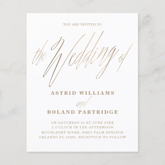 Eenvoudig Script Wit & Goud Budget Bruiloft (Voorkant)