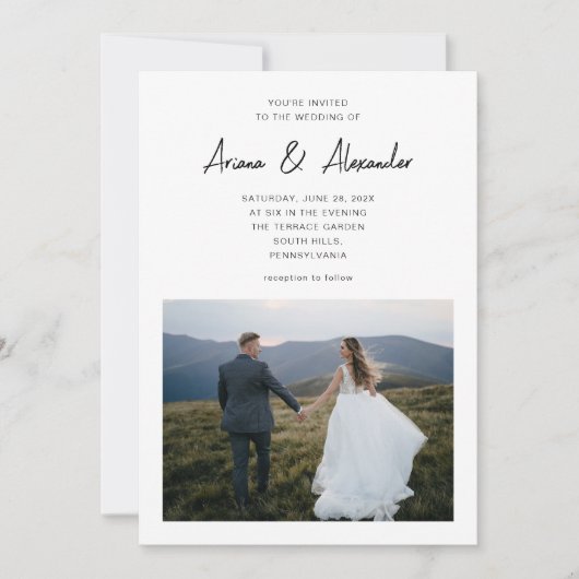 Eenvoudig Script Zwart en Wit Twee Foto's Trouwen Kaart (Voorkant)