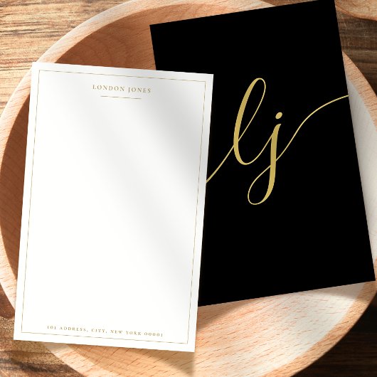 Eenvoudig script zwart goud gepersonaliseerd schri briefpapier