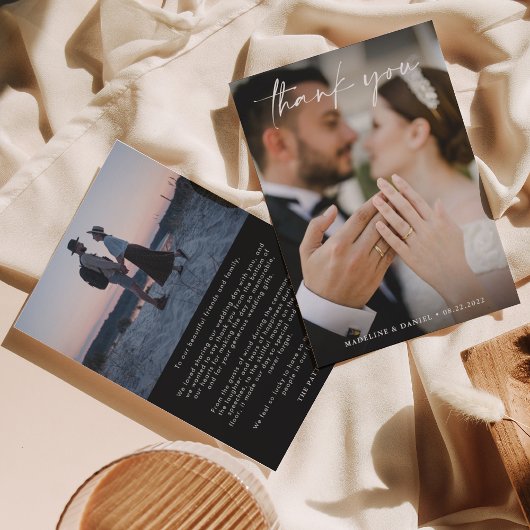 Eenvoudig script zwart met foto-bruiloft bedankkaart