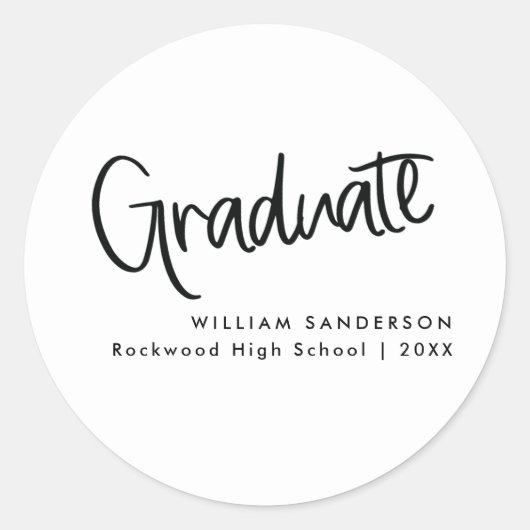 Eenvoudig Script Zwart-wit Afstuderen Ronde Sticker (Voorkant)