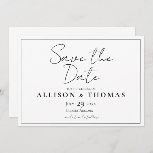 Eenvoudig script Zwart-wit De datum opslaan Save The Date (Voorkant / Achterkant)