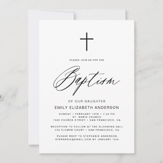 Eenvoudig script zwart-wit doop kaart (Voorkant)