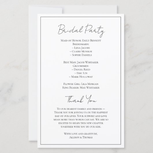 Eenvoudig script zwart-wit huwelijksprogramma (Achterkant)