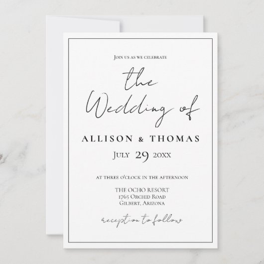 Eenvoudig script zwart-wit huwelijksuitnodiging kaart (Voorkant)