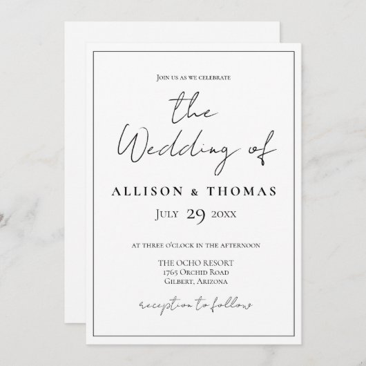 Eenvoudig script zwart-wit huwelijksuitnodiging kaart (Voorkant / Achterkant)