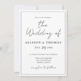 Eenvoudig script zwart-wit huwelijksuitnodiging kaart