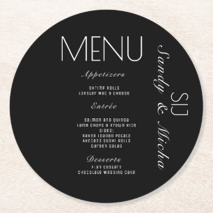 Eenvoudig Script Zwart Wit Trouw Dinner Menu Ronde Kartonnen Onderzetter
