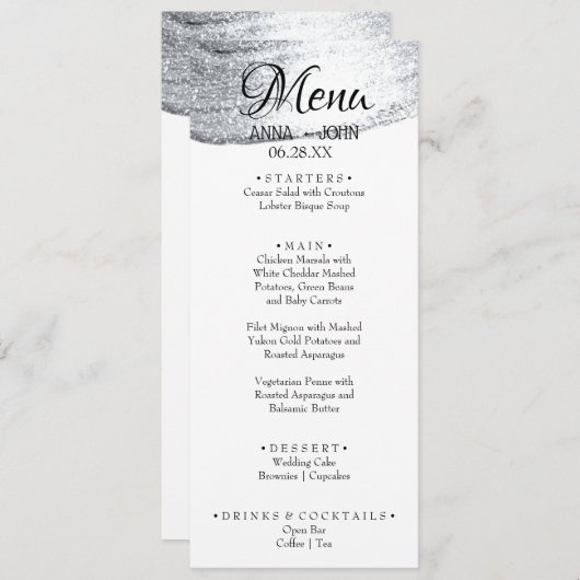 Eenvoudig Silver Glitter Add Name Date Weduwmenu Menu (Voorkant / Achterkant)