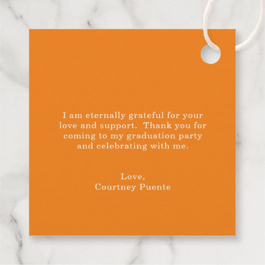 Eenvoudig Sinaasappel Mortierraad Modern Afstudere Bedankjes Labels (Achterkant)