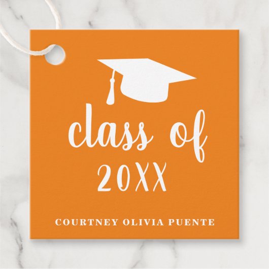 Eenvoudig Sinaasappel Mortierraad Modern Afstudere Bedankjes Labels (Voorkant)