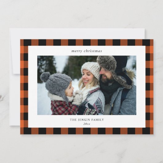 Eenvoudig Sinaasappel Zwart Plaid Border 3 Foto Ke Feestdagenkaart (Voorkant)