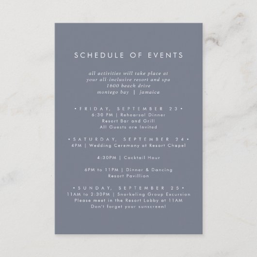 Eenvoudig Slate Blue Grey Wedding Schedule of Even Informatiekaartje (Voorkant)