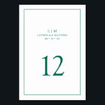 Eenvoudig Smaragdgroen Monogram Elegante Trouwdag Kaart<br><div class="desc">Eenvoudig tafelnummer voor een bruiloft met een elegant en tijdloos ontwerp met uw tweeletterige monogram, namen, datum en tafelnummer omgeven door een dunne rand. Alle ontwerpelementen zijn in een juweelgroene smaragdgroene kleur op een witte achtergrond en kunnen in de ontwerpbewerkingstool naar elke gewenste kleur worden gewijzigd. Een schoon en klassiek...</div>