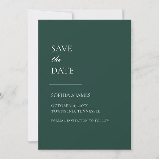 Eenvoudig smaragdgroene typografie Modern Save The Date (Voorkant)