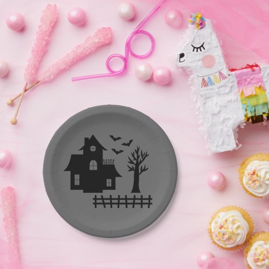 Eenvoudig spookhuis silhouet en vleermuizen Hallow Papieren Bordje (Feest)
