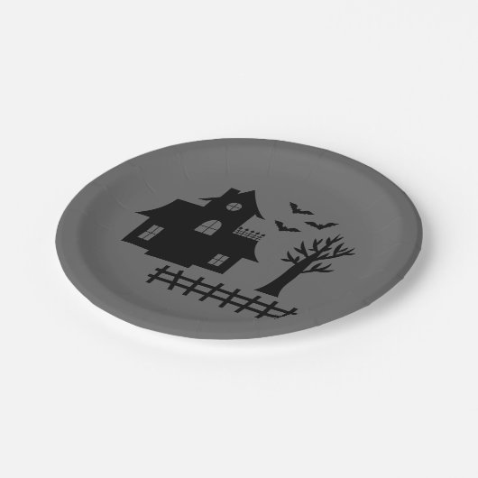 Eenvoudig spookhuis silhouet en vleermuizen Hallow Papieren Bordje (Gekanteld)