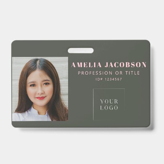 Eenvoudig Stijlroze Groene Werknemer Foto ID Logo Badge (Front)